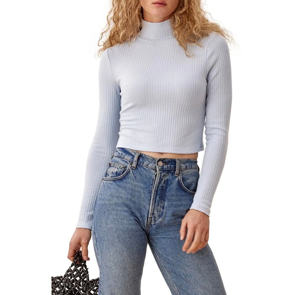 Reformation Jeans Valeria Ribbed Crop Turtleneck Top Size L Blue | Retail $78